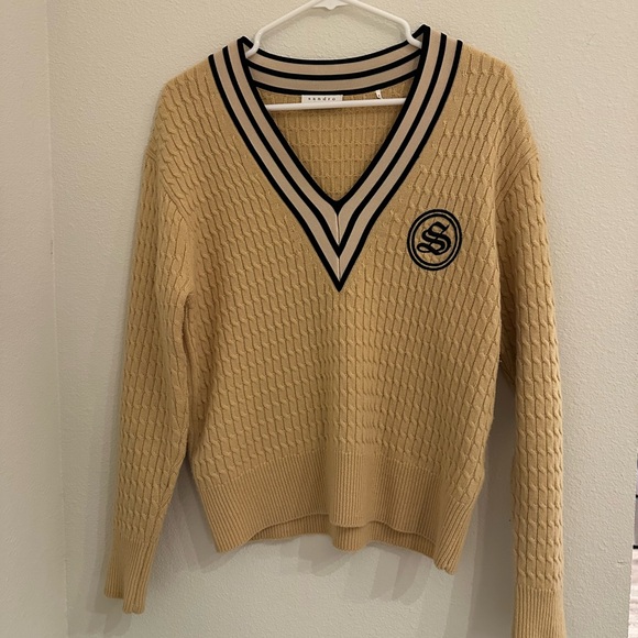 Sandro Sweaters - Sandro Size 2 Beige and Black Striped V-Neck Sweater